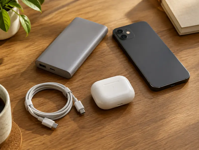 Power bank, charging cable and earbuds case on a desk