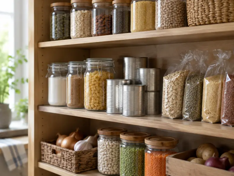 Pantry shelf with jars, cans and grains