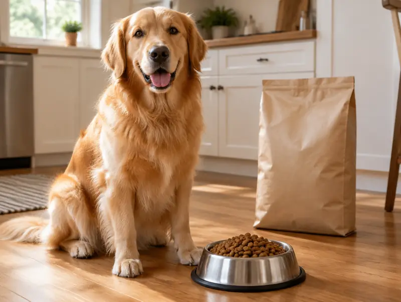 Golden dog sitting beside a bowl of kibble