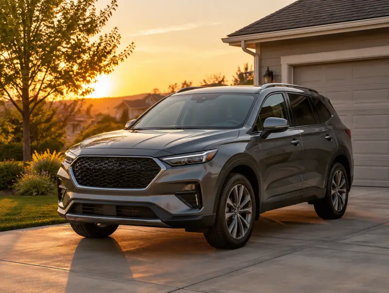 Family car parked in a driveway at sunset