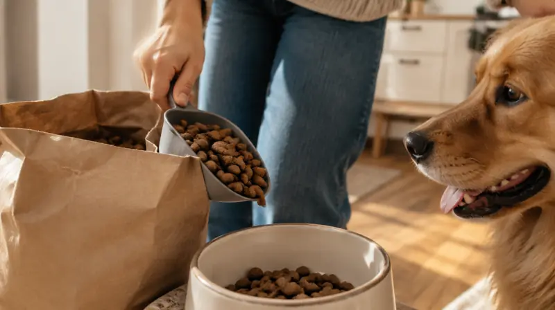 Scooping kibble into a bowl while a dog watches