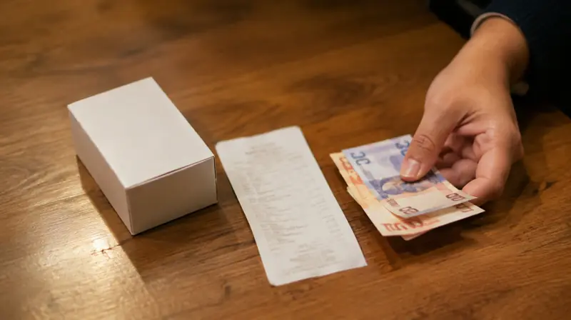 Receipt and a small product box on a table with cash